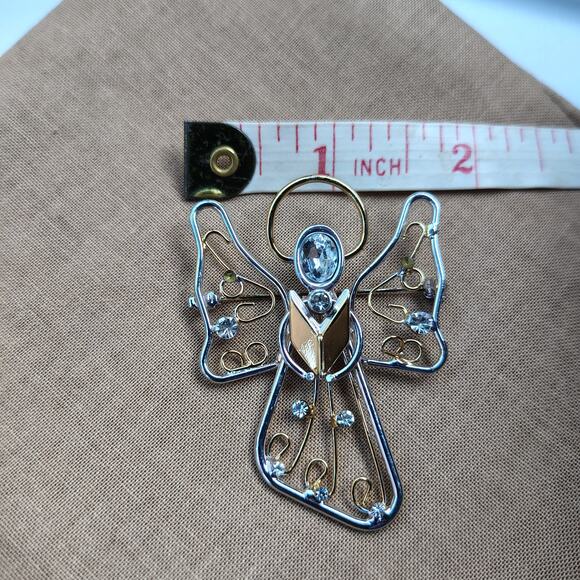 Singing Choir Angel Pin Brooch Silver and Gold Tone with Clear Rhinestones - Picture 5 of 6